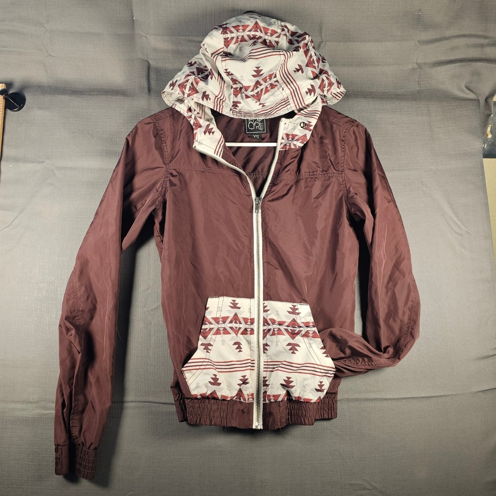 Empyre Maroon Tribal Geometric‎ Print Hooded Windbreaker Jacket XS Burgundy